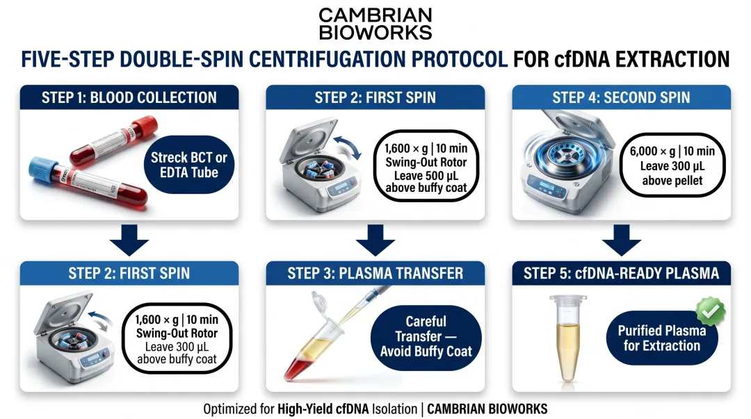 Double-spin centrifugation protocol steps for cfDNA plasma extraction from blood
