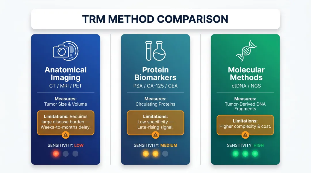 Three-method treatment response monitoring comparison table with sensitivity and limitations