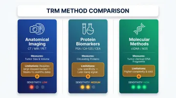 Three-method treatment response monitoring comparison table with sensitivity and limitations