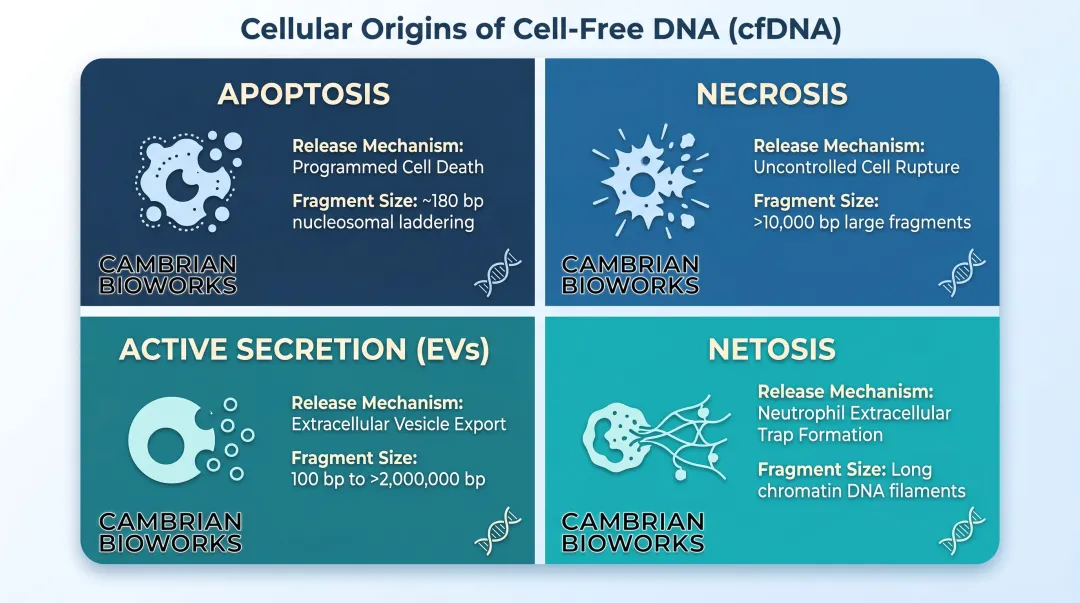 Four cfDNA cellular origins mechanisms fragment characteristics comparison infographic