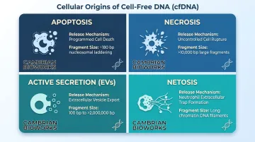 Four cfDNA cellular origins mechanisms fragment characteristics comparison infographic