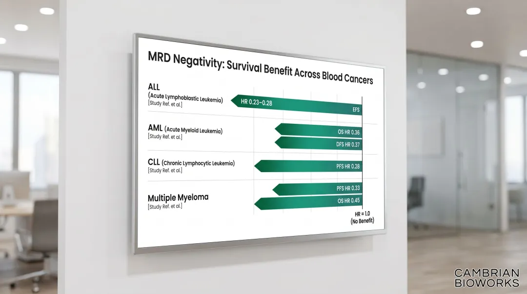 MRD negativity survival hazard ratios across ALL AML CLL and myeloma comparison chart
