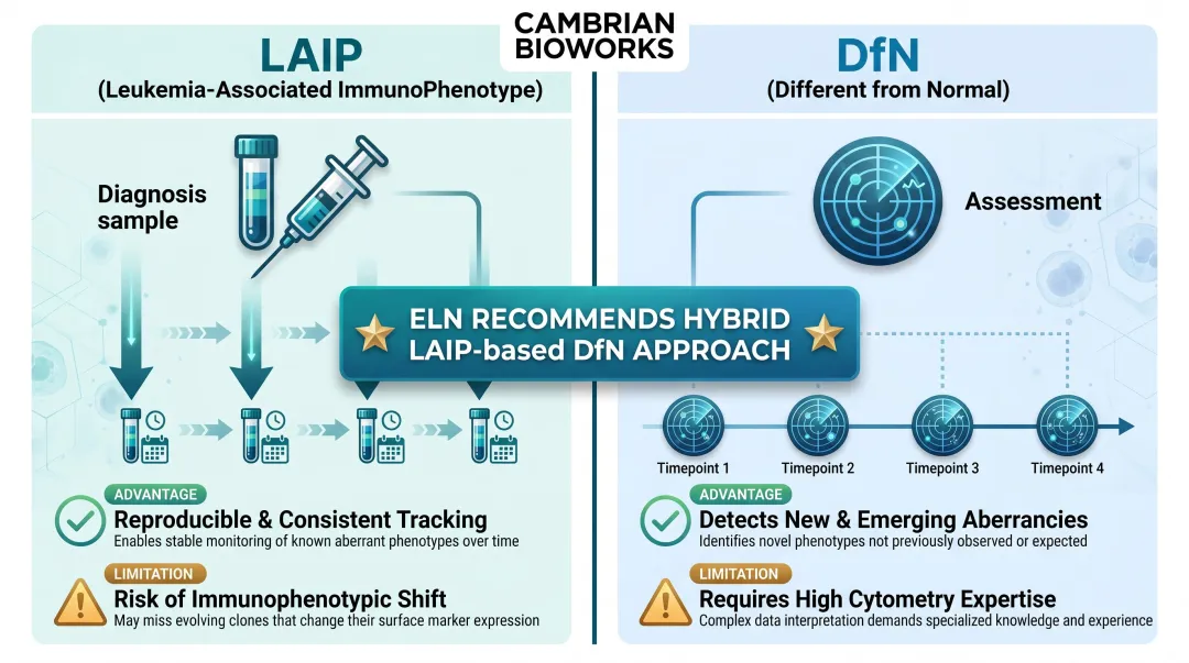 LAIP versus DFN flow cytometry MRD detection strategies comparison infographic