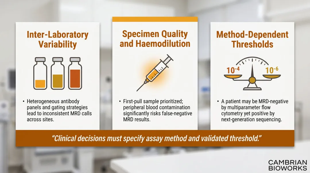 Three key technical limitations of MRD testing inter-lab variability specimen quality and assay thresholds