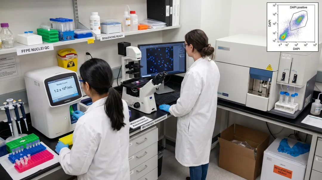 FFPE nuclei quality control workflow showing FACS sorting and DAPI staining process