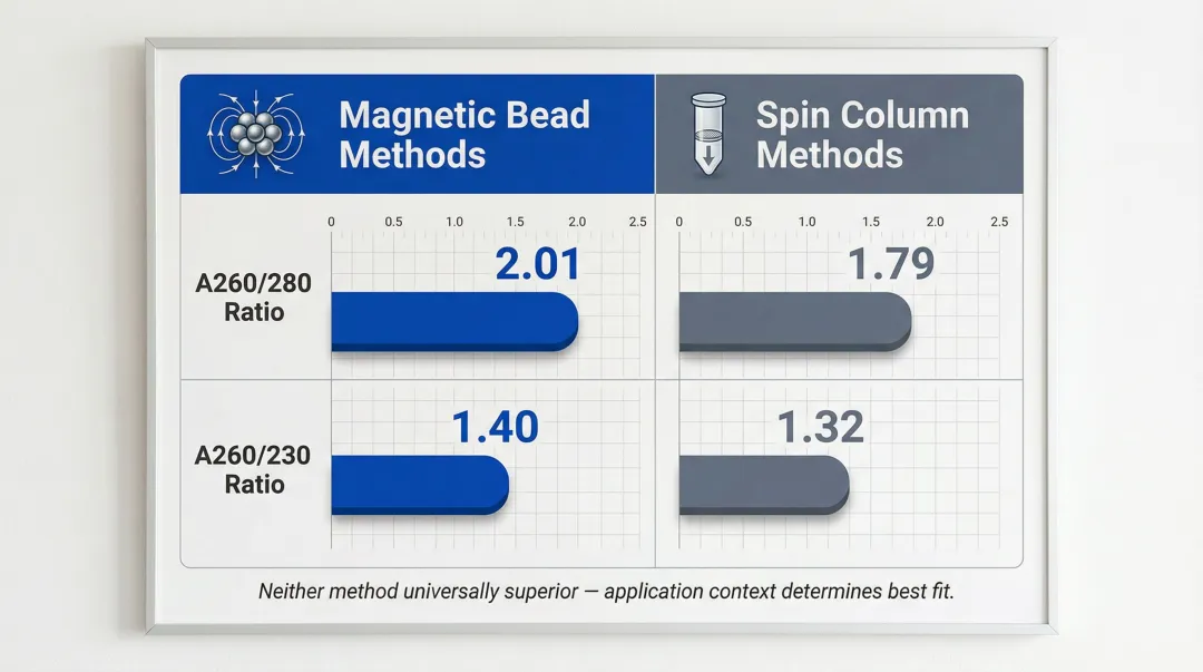 Magnetic bead extraction versus spin column purity ratio comparison side by side