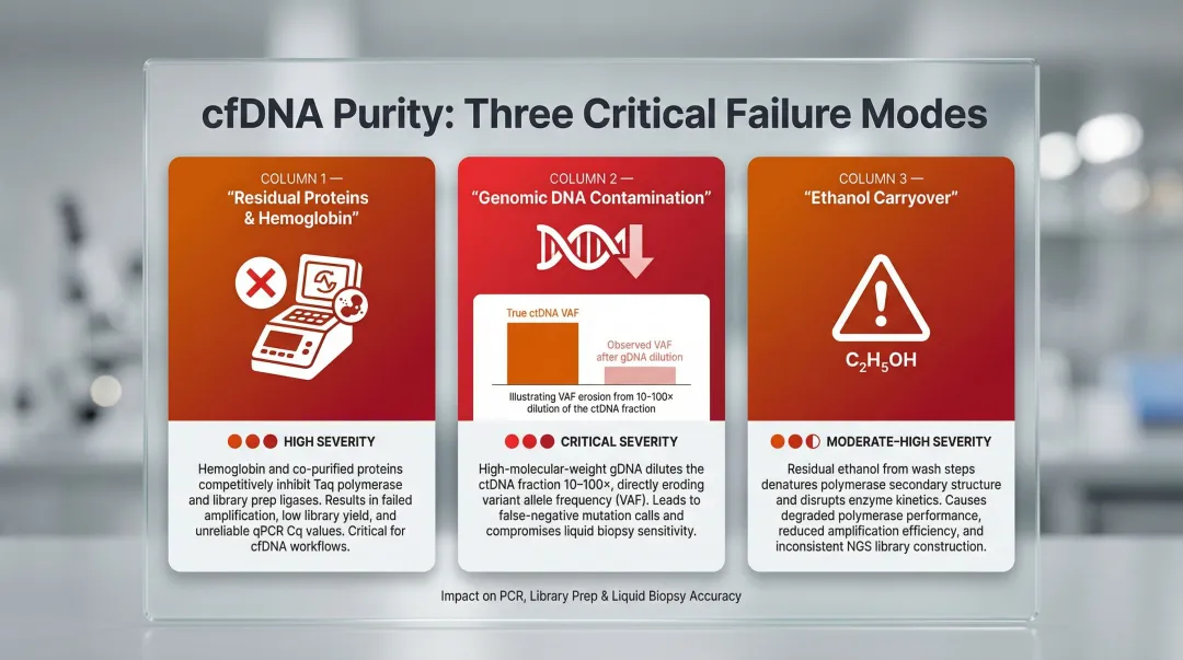 Three cfDNA purity failure modes proteins gDNA and ethanol carryover impact comparison