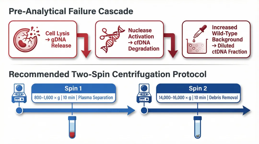 Pre-analytical cfDNA cascade failure three steps plus two-spin centrifugation protocol