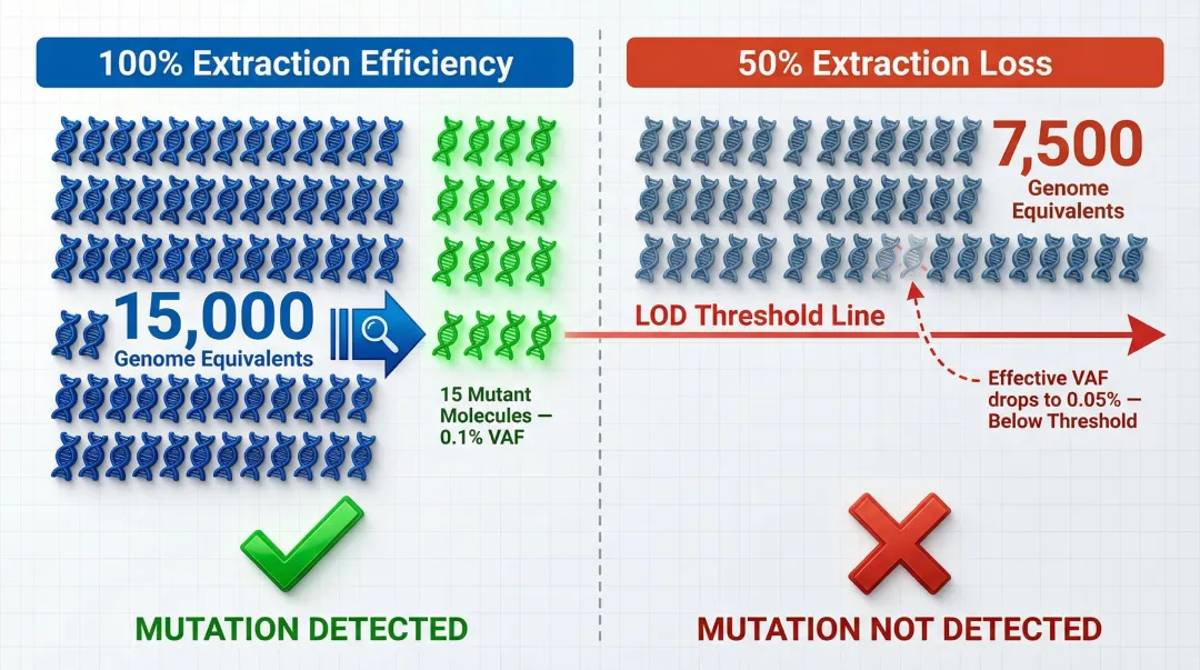 cfDNA molecule math showing how 50% extraction loss doubles limit of detection