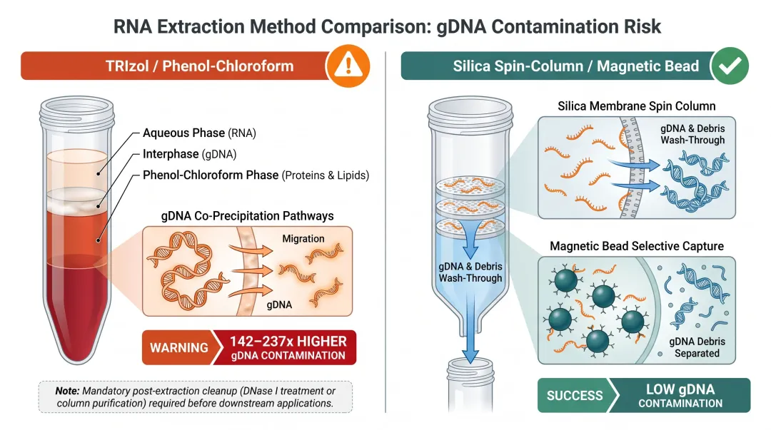 TRIzol versus silica spin-column gDNA contamination comparison showing 142 to 237 times difference