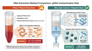 TRIzol versus silica spin-column gDNA contamination comparison showing 142 to 237 times difference