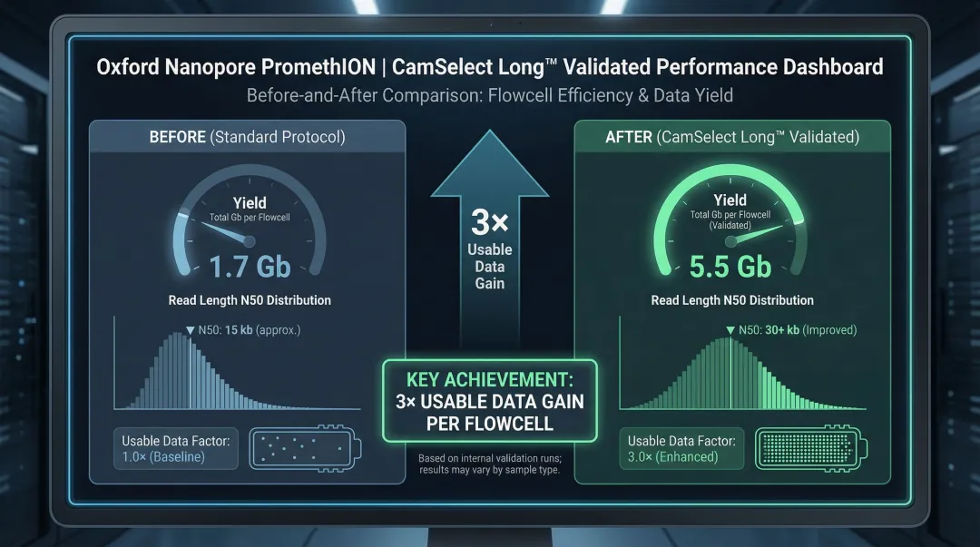 CamSelect Long bead technology performance metrics showing sequencing yield improvement on PromethION