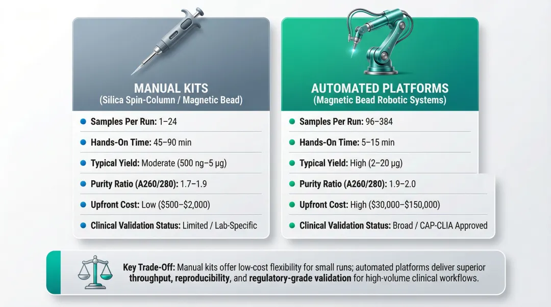 Manual versus automated DNA extraction from whole blood side-by-side comparison infographic
