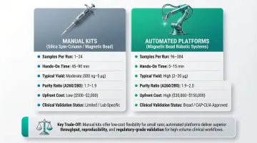 Manual versus automated DNA extraction from whole blood side-by-side comparison infographic