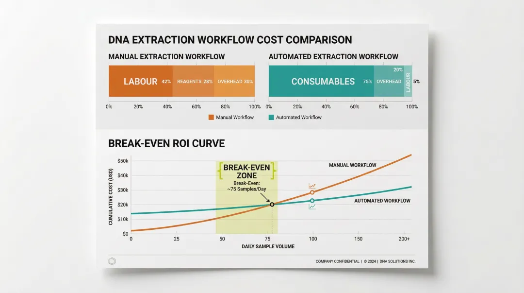 Manual versus automated DNA extraction cost breakdown and break-even analysis infographic