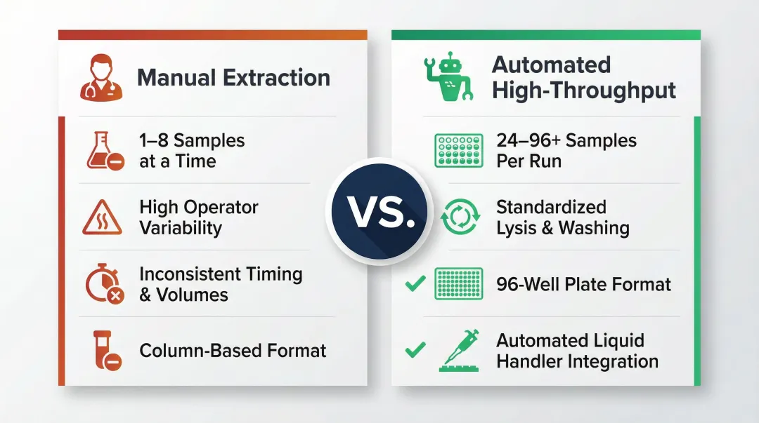 Manual versus automated RNA extraction workflow comparison showing key differences