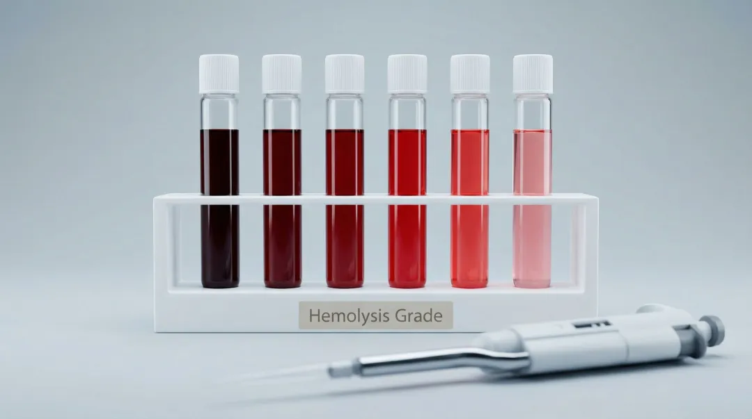 Hemolyzed blood sample showing red heme pigment inhibitor contamination in tube
