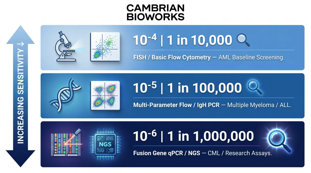 MRD sensitivity levels comparison table from flow cytometry to NGS detection methods