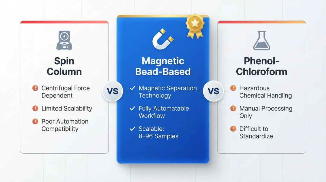 Magnetic beads versus spin columns versus phenol-chloroform extraction comparison infographic