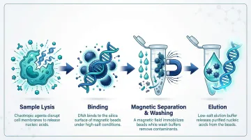 Four-step magnetic bead nucleic acid extraction workflow from lysis to elution