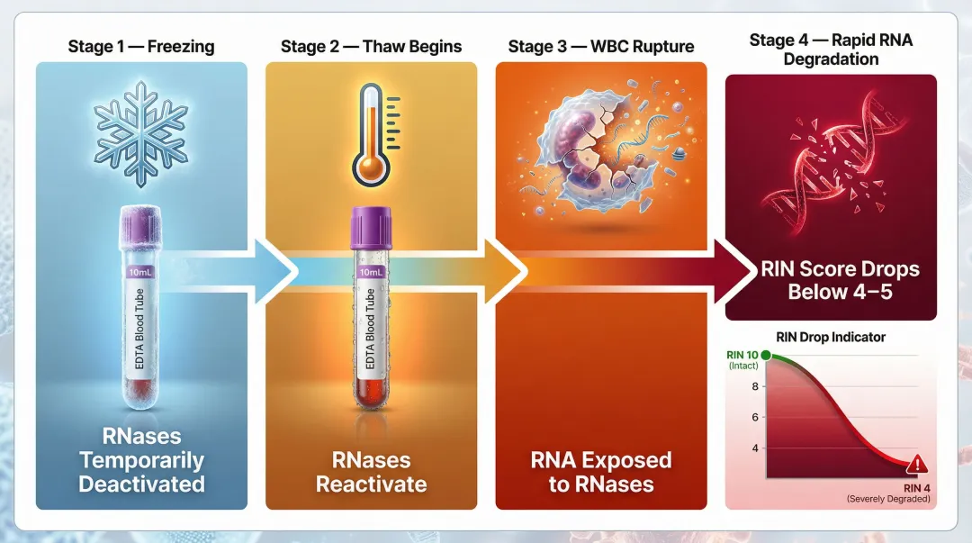 Freeze-thaw RNA degradation cascade in EDTA blood tubes step-by-step