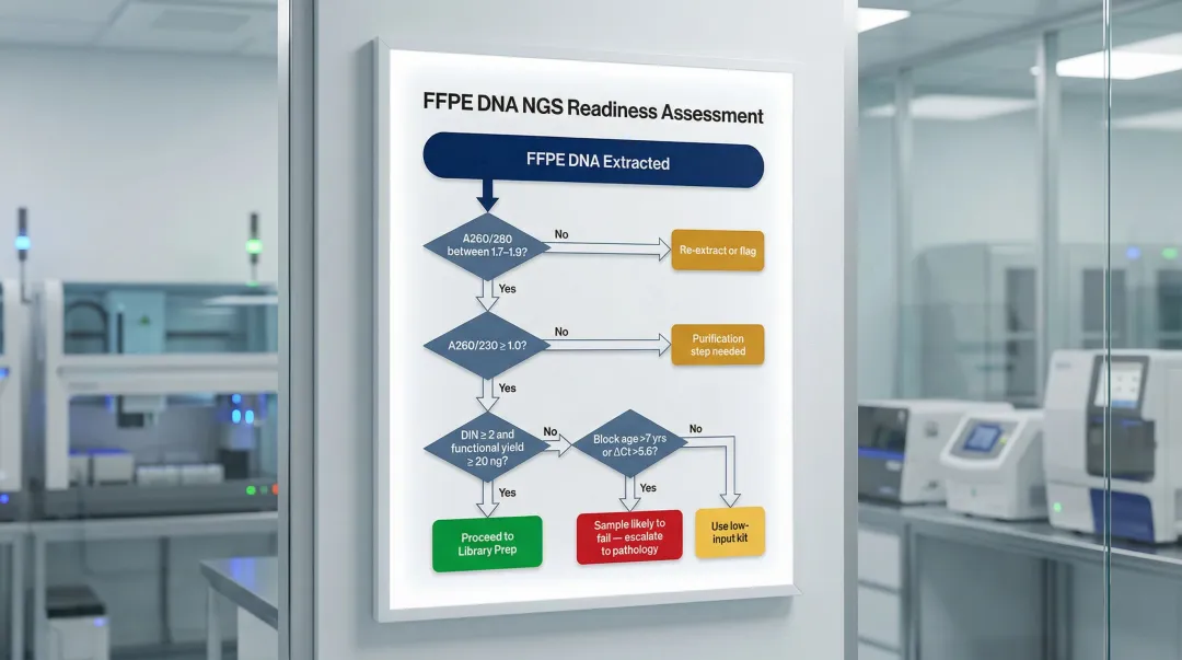 FFPE DNA NGS readiness QC decision tree based on DIN score block age and yield thresholds