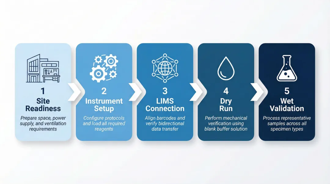 Five-step automated nucleic acid extraction workflow integration sequence process flow