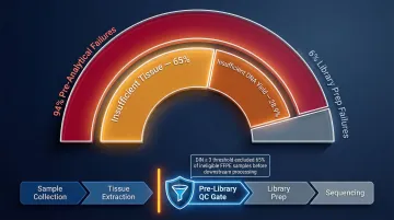 NGS pre-analytical failure breakdown showing 94 percent extraction failures versus library prep causes