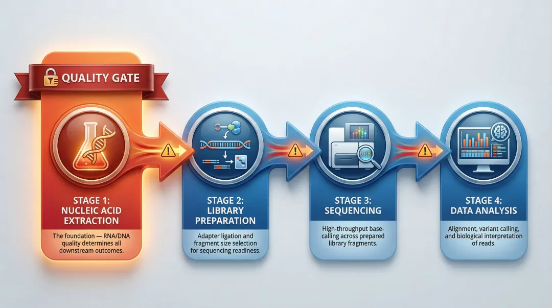 NGS workflow four-step process from extraction to data analysis gating diagram