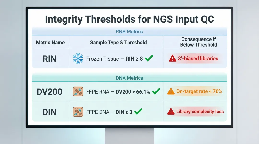 RNA and DNA integrity threshold comparison table for NGS library preparation by sample type