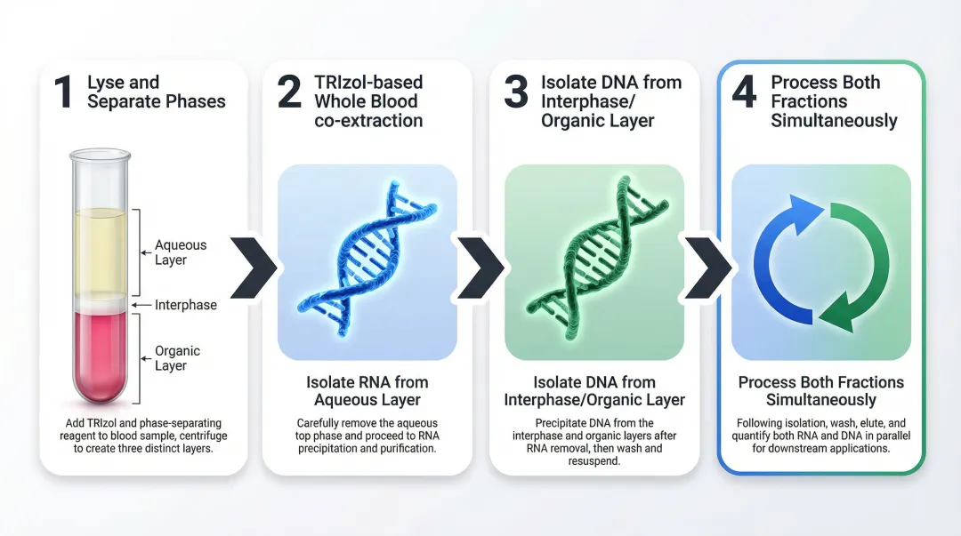 Four-stage TRIzol co-extraction protocol steps from lysis to simultaneous precipitation