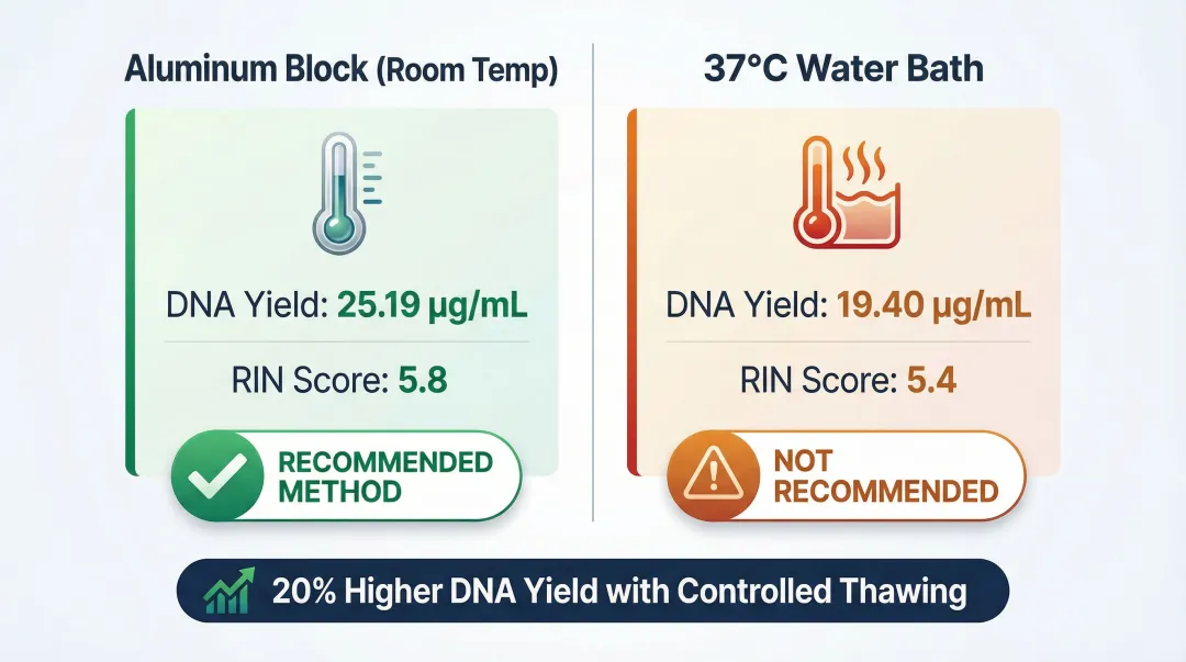 Aluminum block versus water bath thawing method comparison showing DNA yield and RIN scores