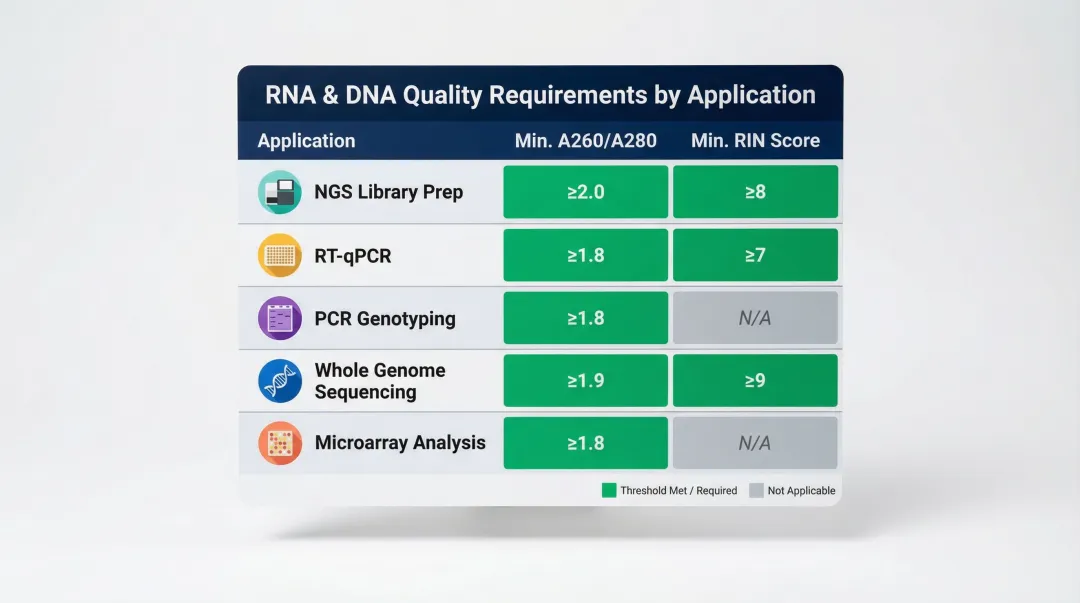 Nucleic acid quality thresholds by downstream application showing A260/A280 and RIN requirements