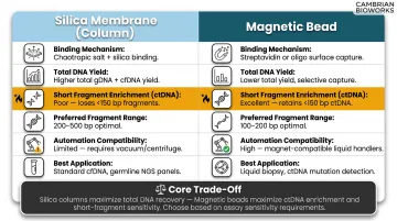 Silica membrane column versus magnetic bead cfDNA extraction method comparison infographic