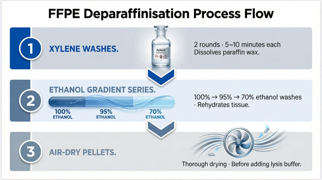 3-step FFPE tissue deparaffinisation and rehydration protocol process flow