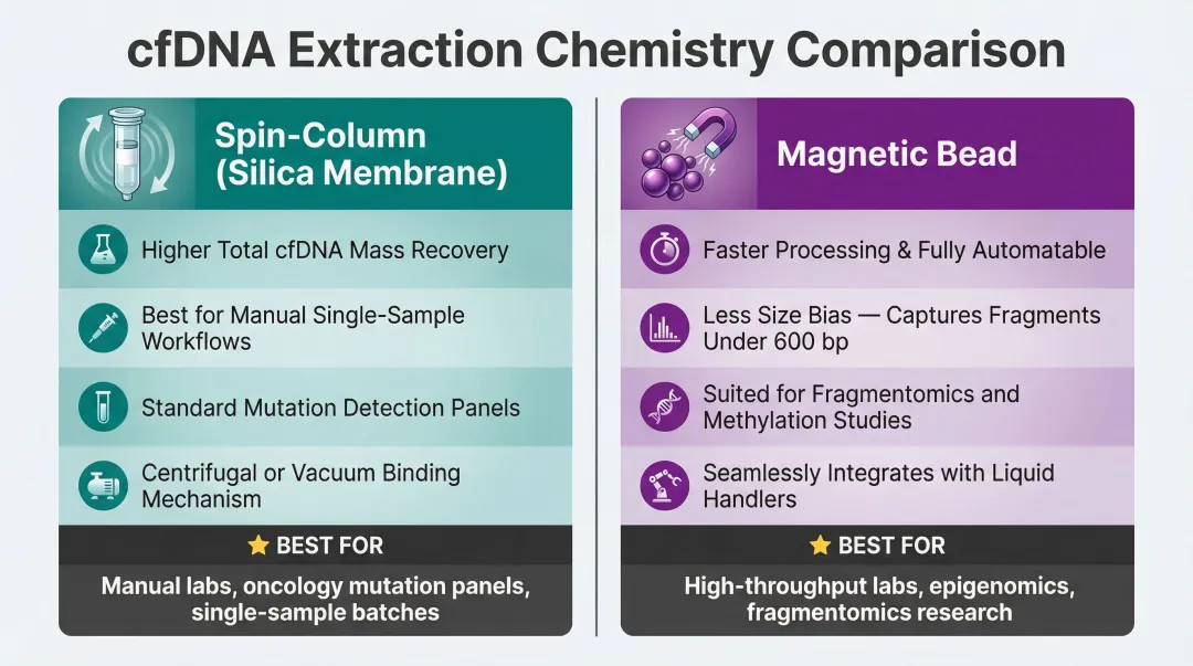 Spin column versus magnetic bead cfDNA extraction method comparison infographic