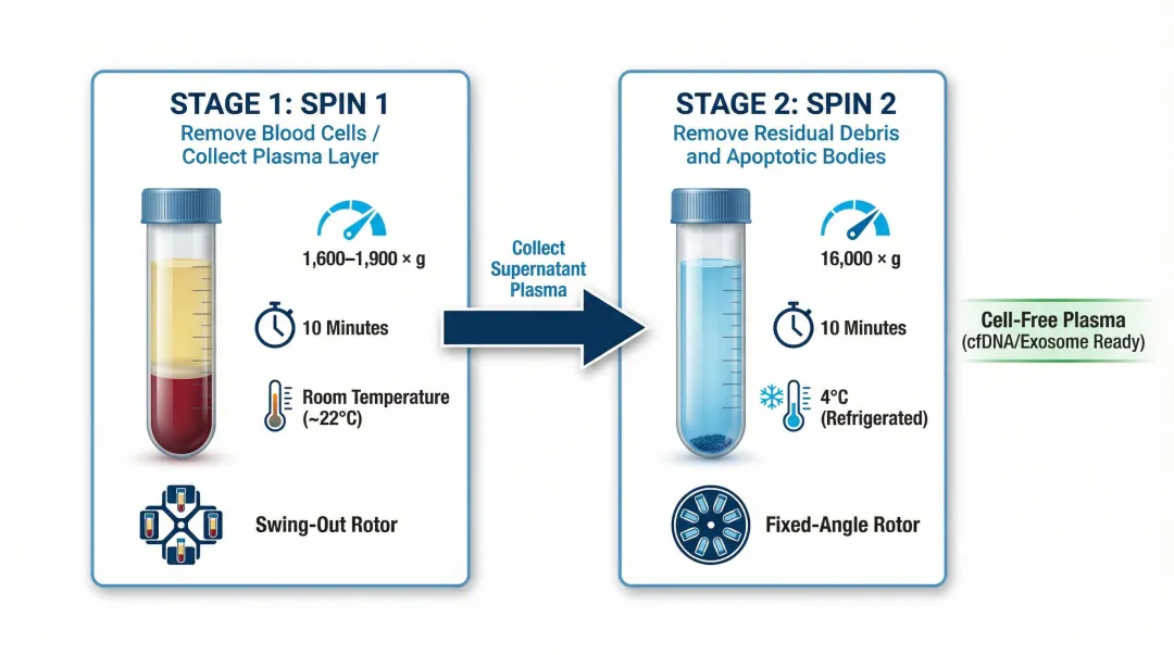 Double centrifugation protocol two-spin process for plasma cfDNA separation