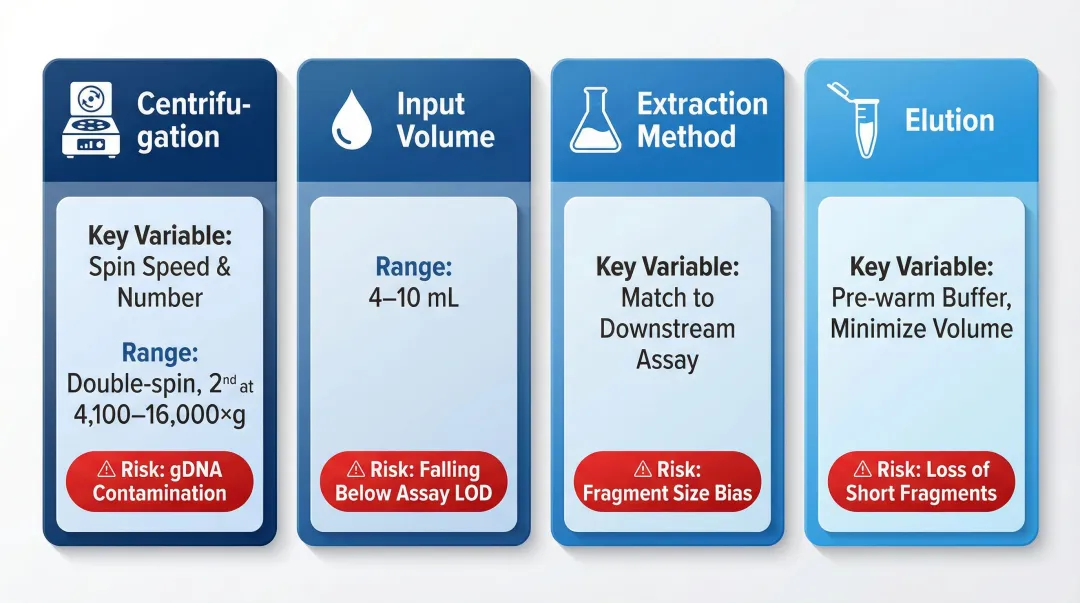 Four critical cfDNA yield parameters comparison table with recommended ranges and risks