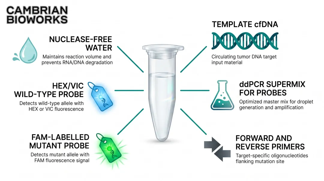 ddPCR reaction setup components list with mutant and wild-type probe labeling
