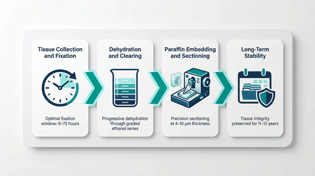 4-step FFPE tissue preparation process from fixation to long-term storage
