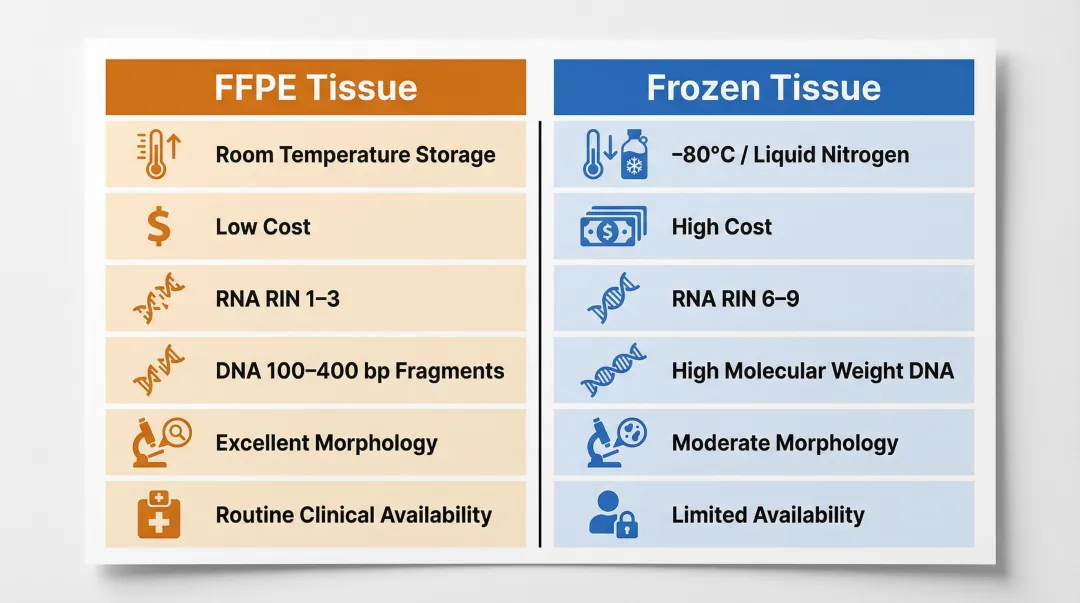 FFPE versus frozen tissue side-by-side comparison of key parameters infographic