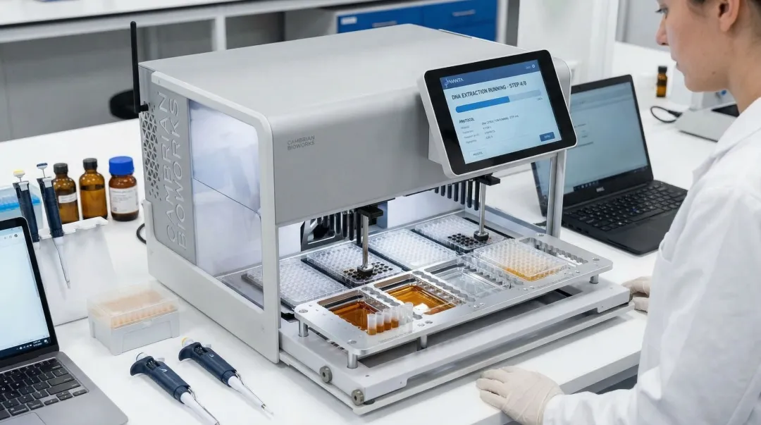 Cambrian Bioworks Manta automated FFPE extraction instrument processing samples in lab