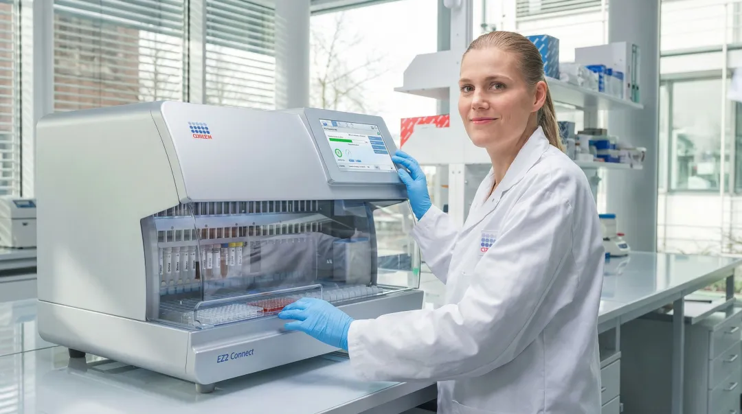 Laboratory technician operating benchtop automated nucleic acid extraction instrument