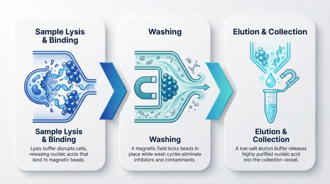 Three-step automated nucleic acid extraction process lysis washing elution workflow diagram