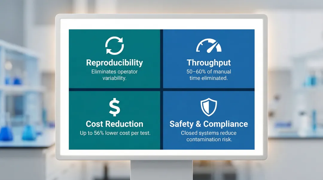 Four key benefits of lab automation reproducibility throughput cost safety comparison chart