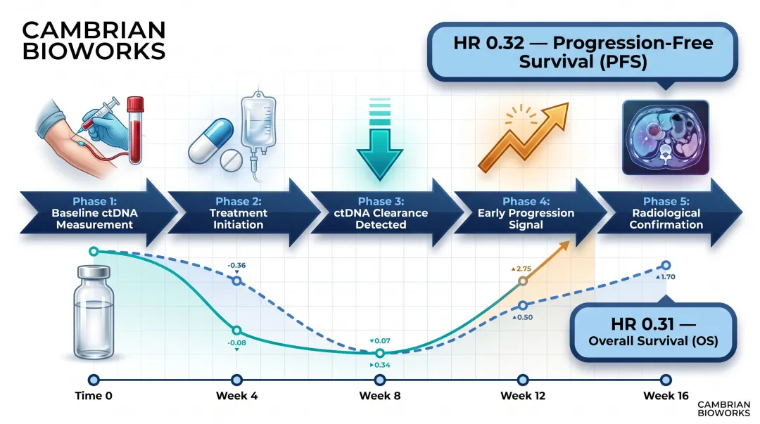 ctDNA serial monitoring treatment response timeline showing progression-free survival hazard ratios