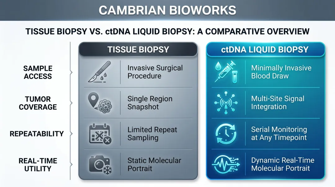 ctDNA liquid biopsy versus tissue biopsy side-by-side practical comparison infographic