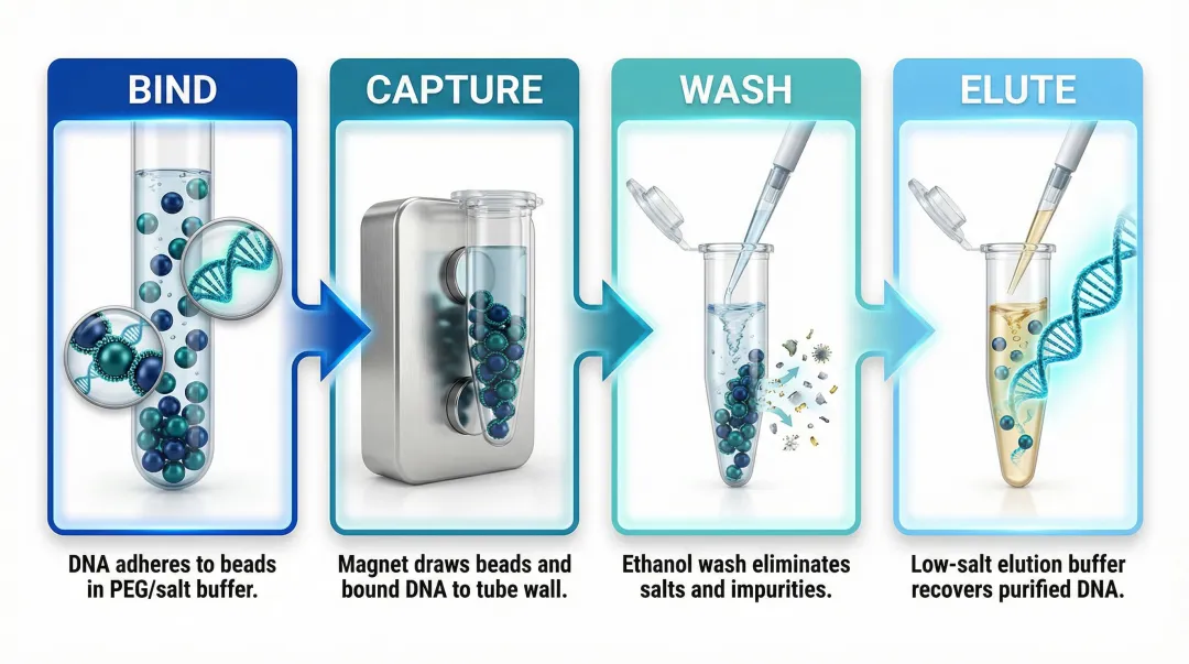 Four-phase magnetic bead DNA purification workflow bind capture wash elute