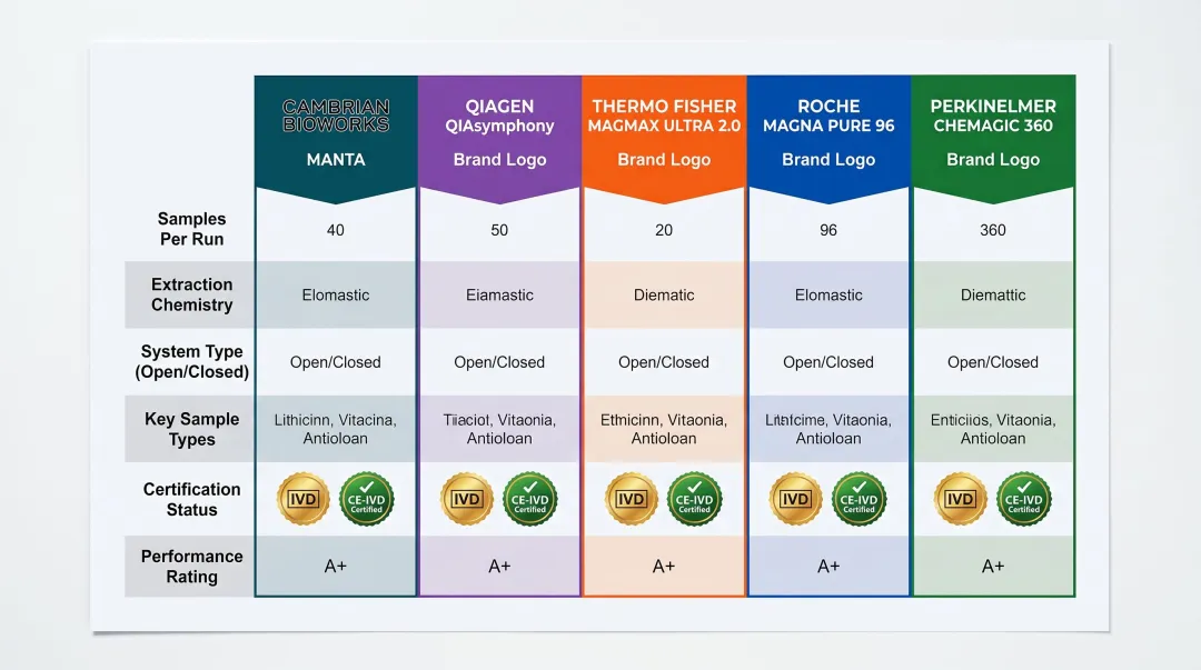Five automated DNA extraction kits comparison chart throughput certifications and sample types