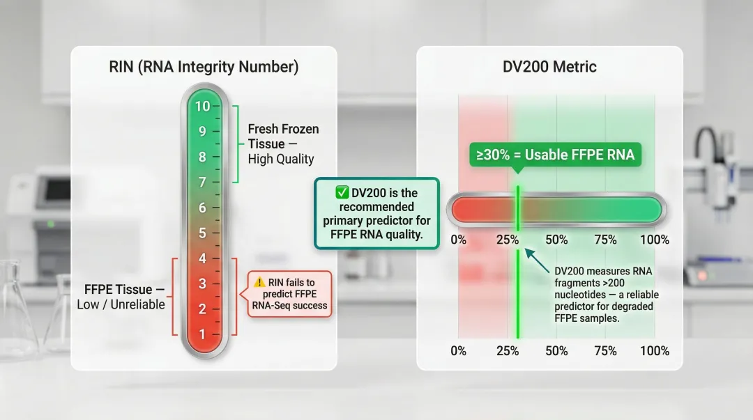DV200 versus RIN RNA quality metrics comparison for FFPE and fresh frozen samples
